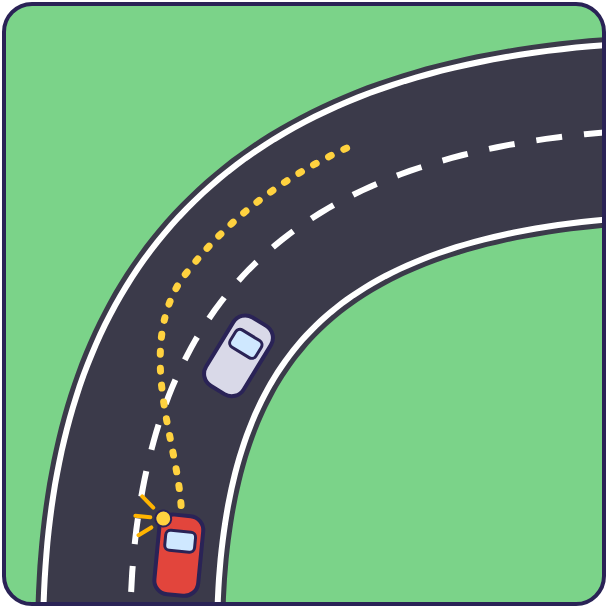 Overhead view of a two-lane road curving to the right: the red car, with its left turn signal on, moves into the left lane to pass a slower car while following the curve