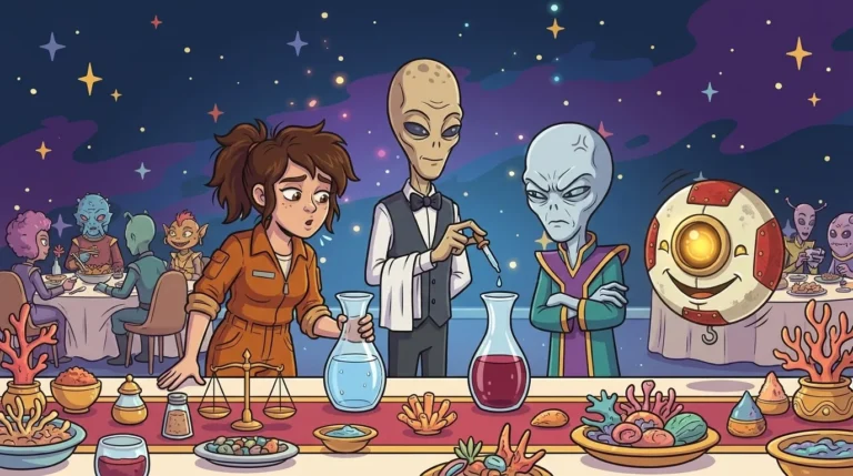 At Staterion’s Banquet of Fairness, an alien waiter uses an eyedropper to transfer liquid between a pitcher of water and a pitcher of wine, in front of the crew