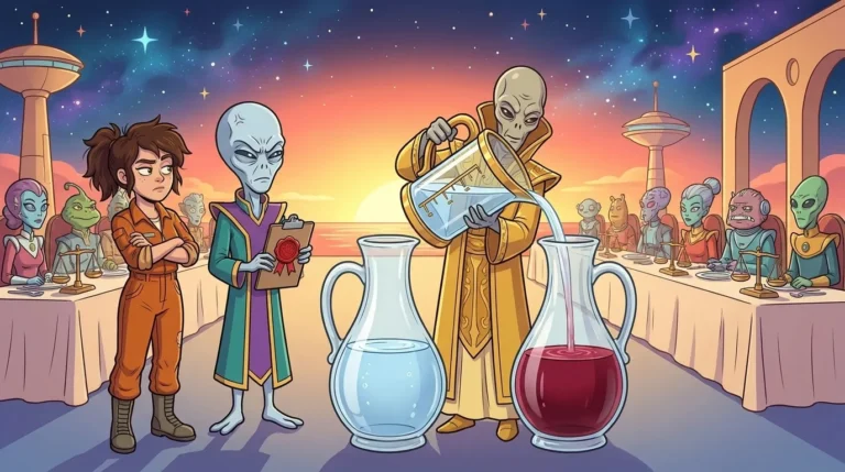 Two huge pitchers of water and wine at Staterion’s Banquet of Fairness, with an alien master of ceremonies pouring from a large measuring jug