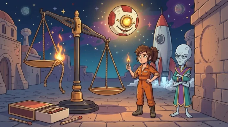Two ropes hanging from a scale on Staterion, one of them burning, while Liz holds a lit match and the starship Kinesys cools down in the background