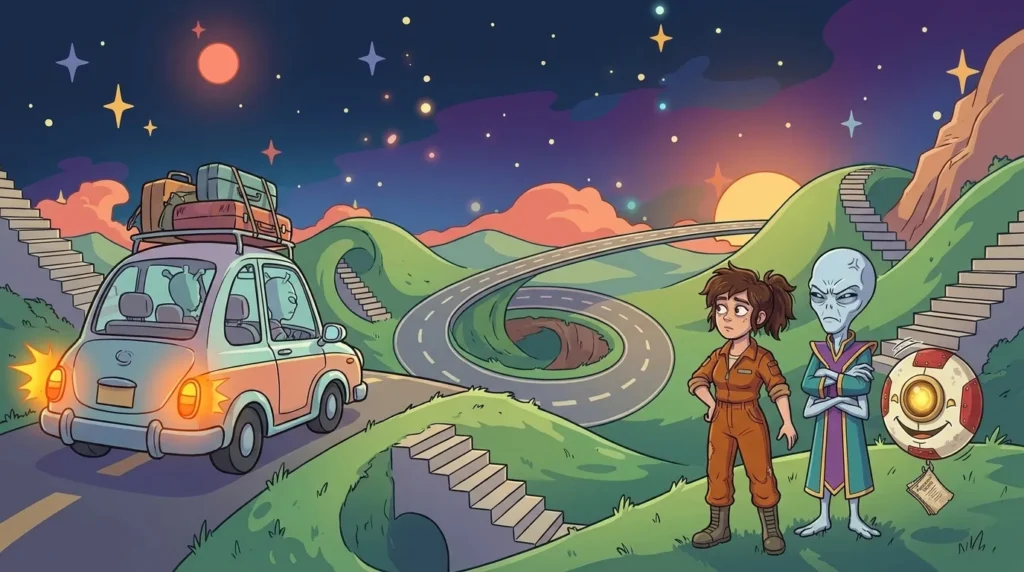 On Paradoxon, amid impossible landscapes, a vacationing family’s car drives along with its left turn signal on, watched by Liz, Dord, and M00N