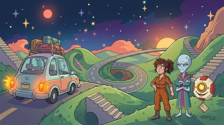 On Paradoxon, amid impossible landscapes, a vacationing family’s car drives along with its left turn signal on, watched by Liz, Dord, and M00N
