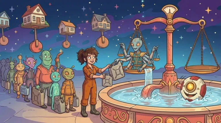 At Staterion’s public fountain, next to a large balance scale, the caretaker lends Liz two empty jugs of different sizes, while M00N plays with the water