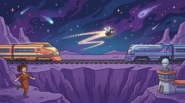 On Dynamos, two trains approach each other on the same track from opposite directions, while a fly wearing goggles zips back and forth between the locomotives