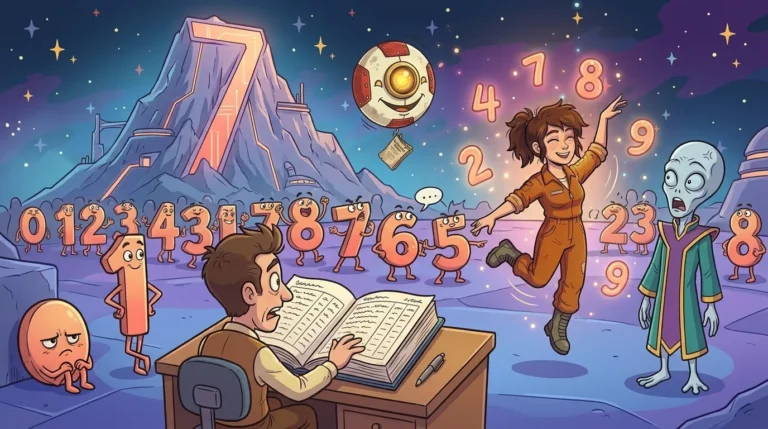 During Numerion’s Great Census, animated digits line up and squabble in front of a census desk, while Liz breaks into a dance step