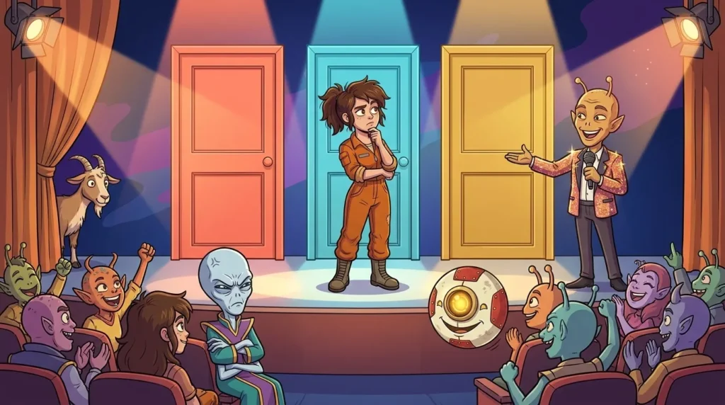 In a Veritas TV studio, Liz chooses among three closed doors while the host watches her and a goat peeks out from backstage