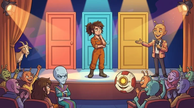 In a Veritas TV studio, Liz chooses among three closed doors while the host watches her and a goat peeks out from backstage