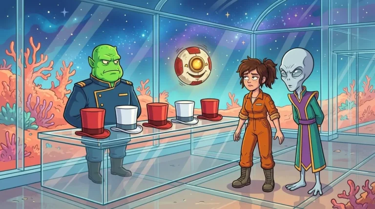 At customs on planet Veritas, a deadpan official shows three red hats and two white hats to Liz, Dord, and M00N