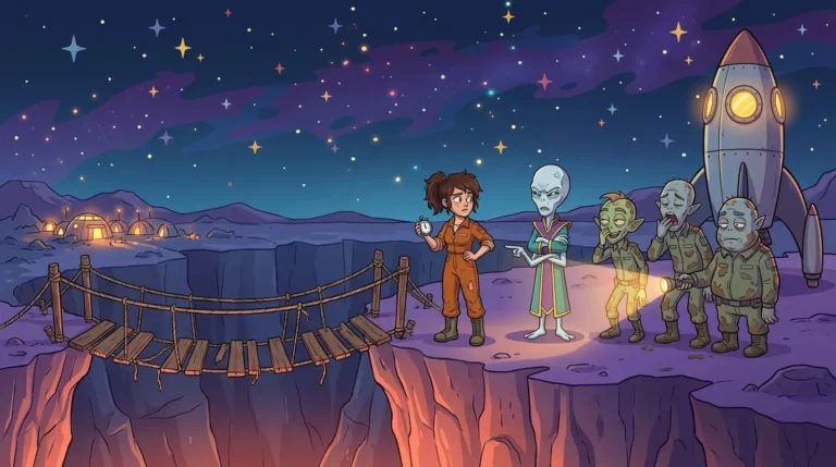At night on Veritas, four tired alien soldiers with a single torch stand before a rickety bridge over a ravine, with Liz holding a stopwatch