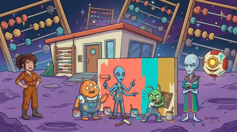 On Abakos, three alien house painters with rollers, paint buckets, and an abacus argue in front of a half-painted wall, while Liz, Dord, and M00N look on