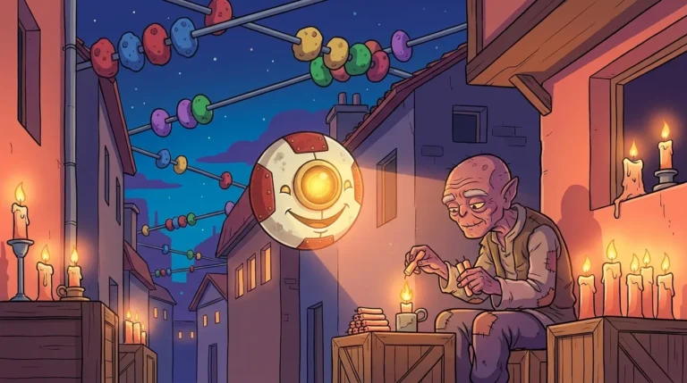 In a candlelit alley on Abakos, beneath the giant abacuses in the sky, an old alien drifter melts four candle stubs together to make a new candle, next to M00N