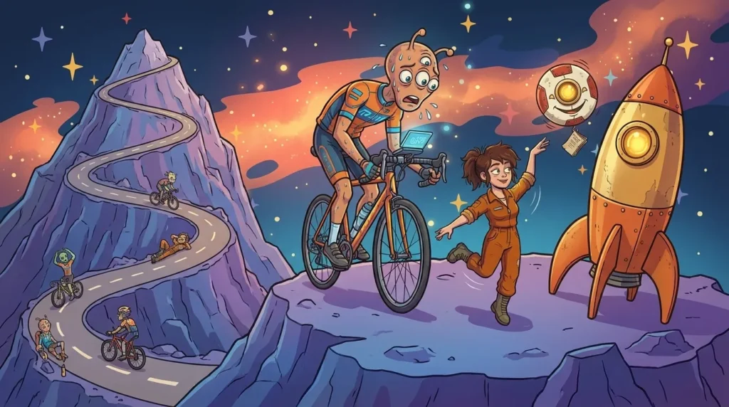 On a mountaintop on Dynamos, a sweaty alien cyclist checks his bike computer, while Liz breaks into a dance step