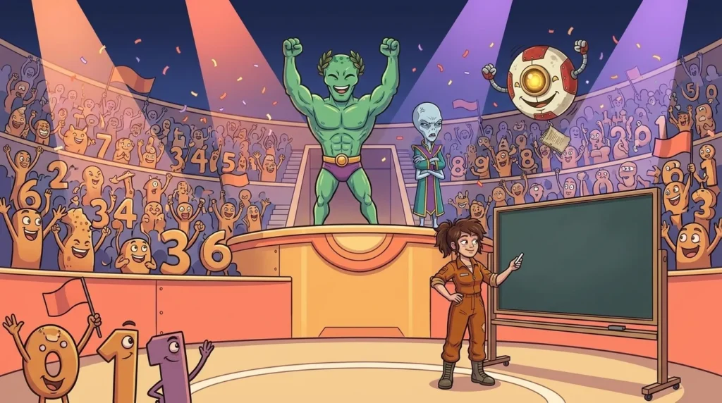 In Numerion’s stadium, packed with cheering digits, Liz gets ready to write on the blackboard during the Biggest Number Championship