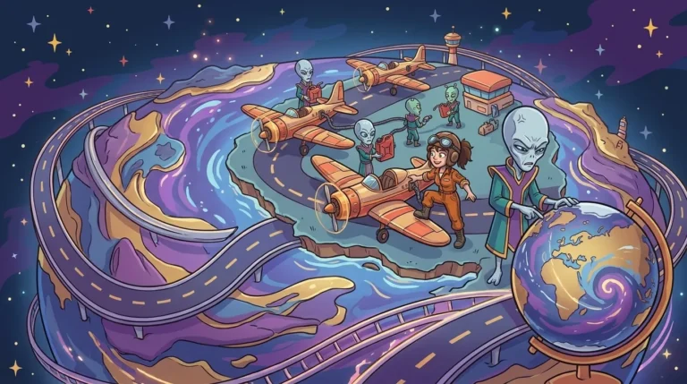 On the small airport island of Dynamos, several identical planes get ready to circle the planet, with the pilots passing fuel to each other and Liz in a helmet