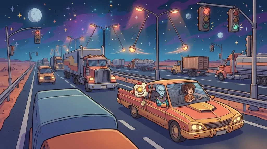 On a Dynamos highway, Liz drives a space car past a line of trucks, with Dord stiff in the back seat and M00N at the window