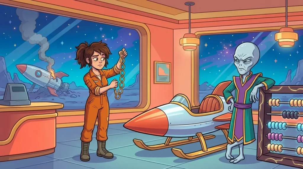 At a rental shop on Abakos, Liz shows a seven-link gold chain to the owner of a rocket sled, while the Kinesys smokes in the background