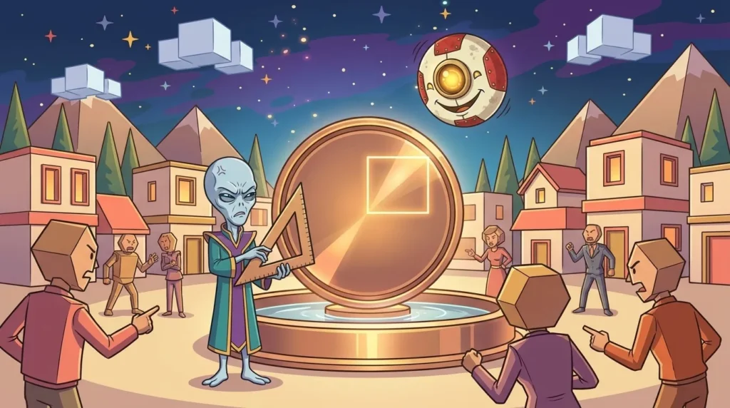 On Polygon, the planet of polygons and solids, a circular fountain with a glowing rectangle drawn in one quadrant sparks debate, while Dord measures with a set square