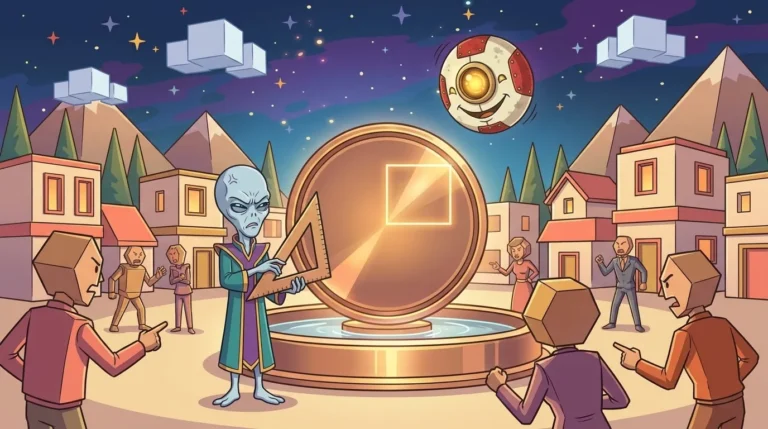 On Polygon, the planet of polygons and solids, a circular fountain with a glowing rectangle drawn in one quadrant sparks debate, while Dord measures with a set square
