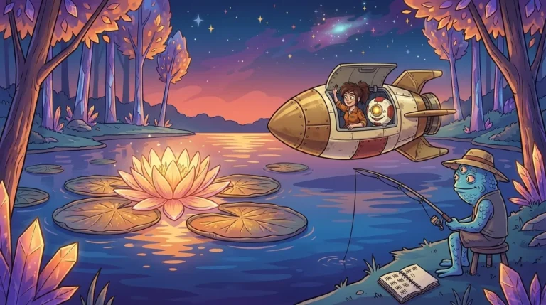 A gigantic water lily spreads across the surface of a lake on Veritas, with the starship Kinesys hovering over the water and an alien fisherman on the shore