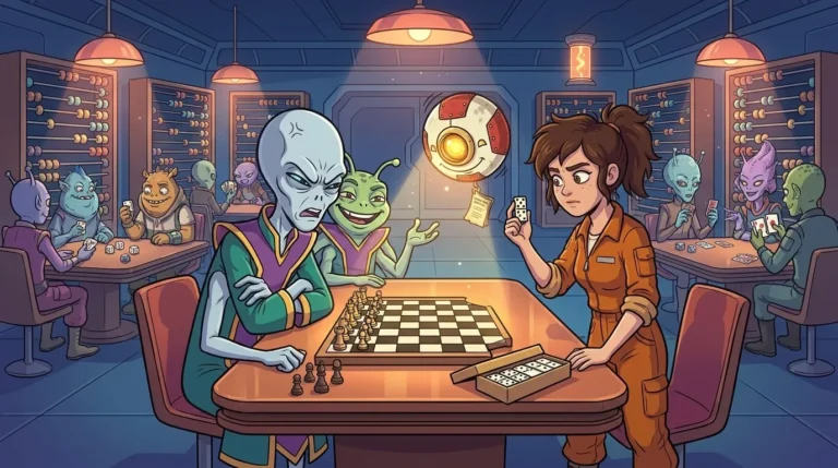 In the Abakos game hall, a chessboard missing two opposite corners and a box of dominoes, with Dord hunched over the board