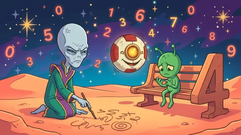 On Numerion, a small green Martian sitting on a bench counts on his fingers, while Dord traces an equation in the sand and M00N smiles at him