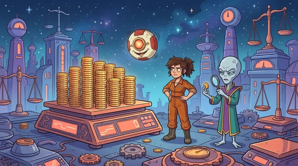 Ten stacks of gold coins next to a large digital scale in the courtyard of the Staterion Mint, with Dord examining a coin through a magnifying glass