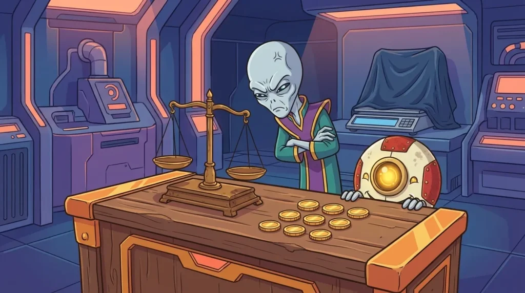 An old brass balance scale and nine gold coins lined up on the counter of the Staterion Mint, with Dord eyeing the scale respectfully