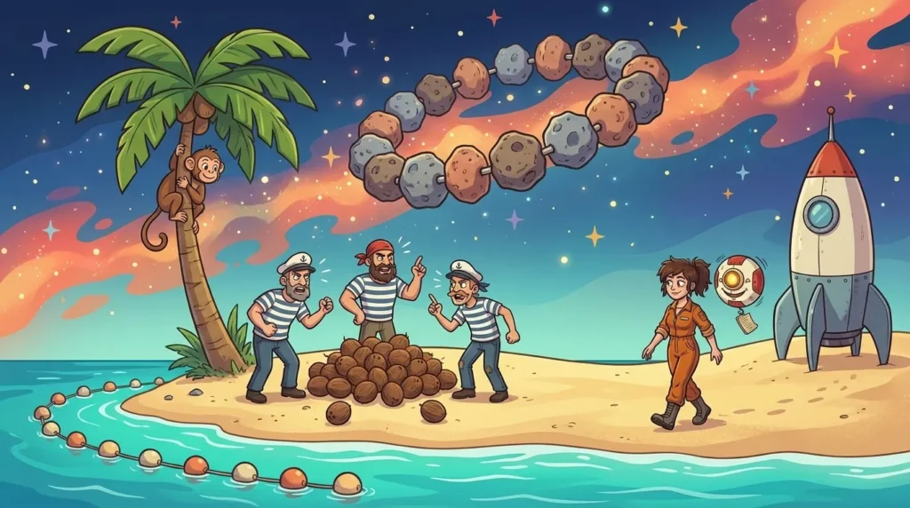 On a small tropical island on Abakos, three shipwrecked sailors quarrel around a pile of coconuts, watched by a monkey, Liz, and M00N