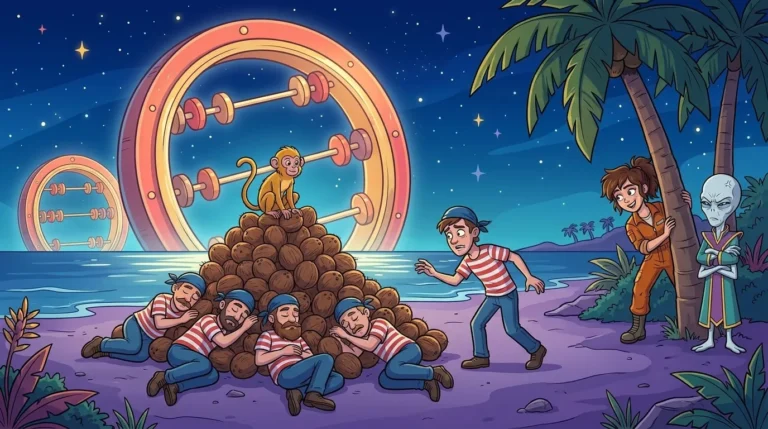 At night on an Abakos beach, five sailors sleep next to a pile of coconuts, while one sneaks up on it and a monkey watches