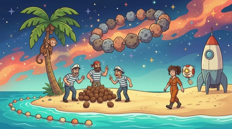 On a small tropical island on Abakos, three shipwrecked sailors quarrel around a pile of coconuts, watched by a monkey, Liz, and M00N