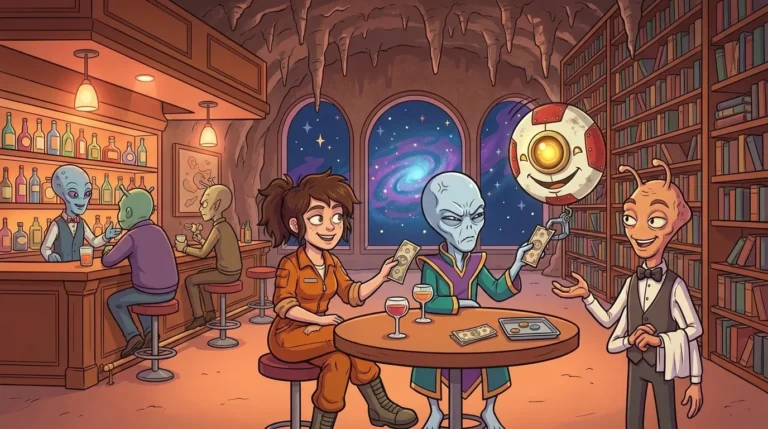 In an impossible café on Paradoxon, Liz, Dord, and M00N each hand a bill to the waiter after their drinks, with a few coins on the table