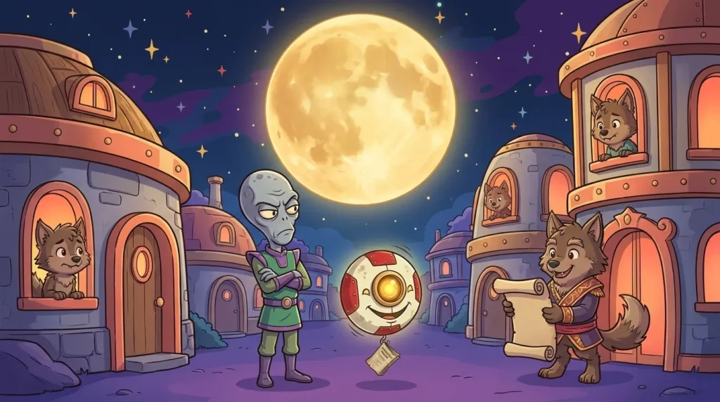 A Veritas village under a huge full moon, with worried villagers at the windows, the mayor holding an ordinance, and a happy M00N next to the moon