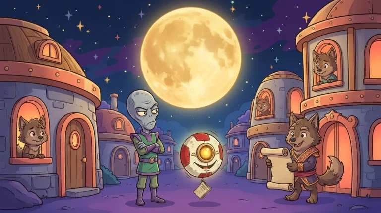 A Veritas village under a huge full moon, with worried villagers at the windows, the mayor holding an ordinance, and a happy M00N next to the moon