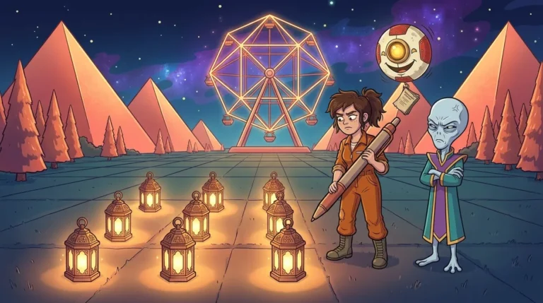 Nine glowing lanterns arranged in a three-by-three grid in a field on Polygon, with Liz wielding a giant pen and Dord sulking