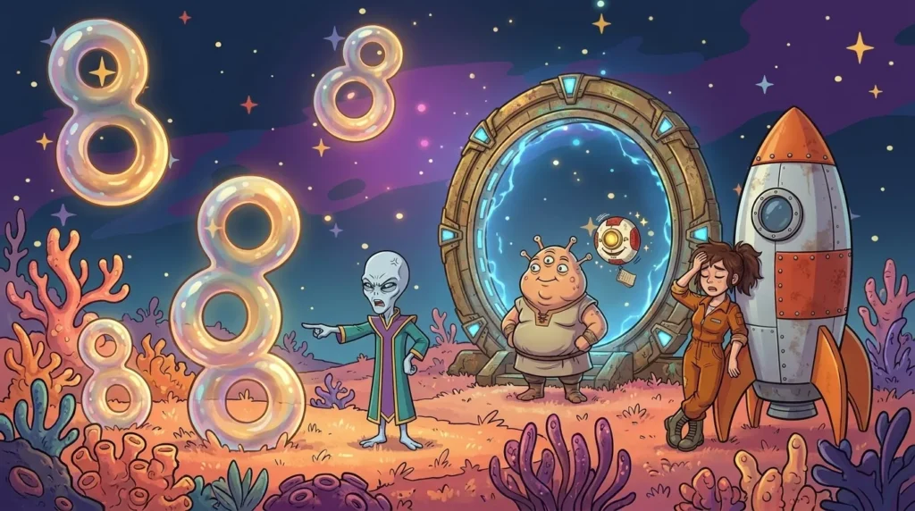 On Numerion, a lawn of floating figure-eight shapes stacked crookedly in front of a ring-shaped gate guarded by a chubby guardian, with Dord indignant