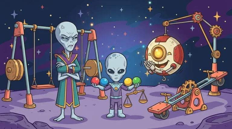 In a Staterion playground, a little alien challenges Dord with four identical balls and a toy balance scale, while M00N applauds