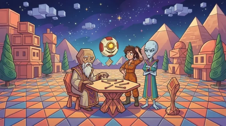 On Polygon, an elderly hexagon-headed alien challenges the crew with six matches scattered on a small table