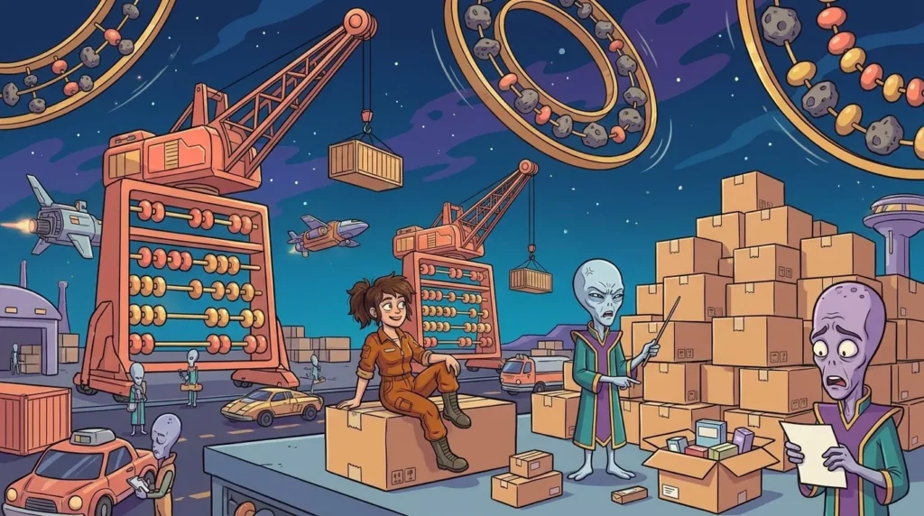 In the freight port of Abakos, among abacus-shaped cranes, an alien warehouse worker watches a stack of sealed cardboard boxes while Dord counts them