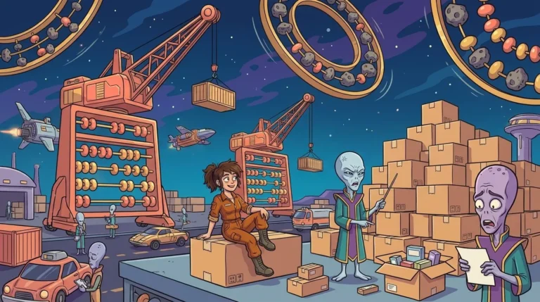 In the freight port of Abakos, among abacus-shaped cranes, an alien warehouse worker watches a stack of sealed cardboard boxes while Dord counts them