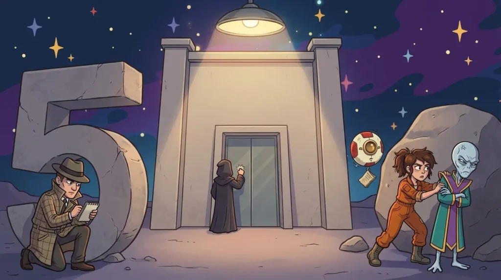 At night on Numerion, a spy in a checkered trench coat watches the door of the Archive of Numbers, while the crew hides behind a huge stone 5