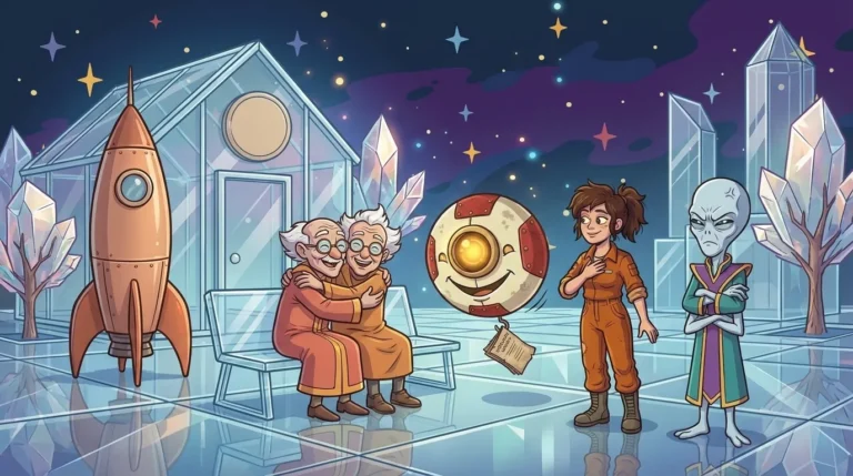 In a small square on Veritas lined with crystal houses, two elderly alien mathematicians embrace on a bench, watched by M00N, Dord, and Liz