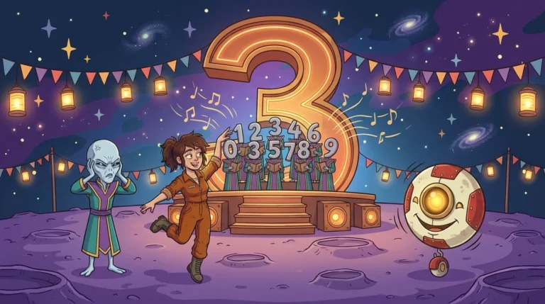 At a village festival on Numerion, a choir of Numerians sings on a stage shaped like a 3, while Liz dances, Dord covers his ears, and M00N sways in time