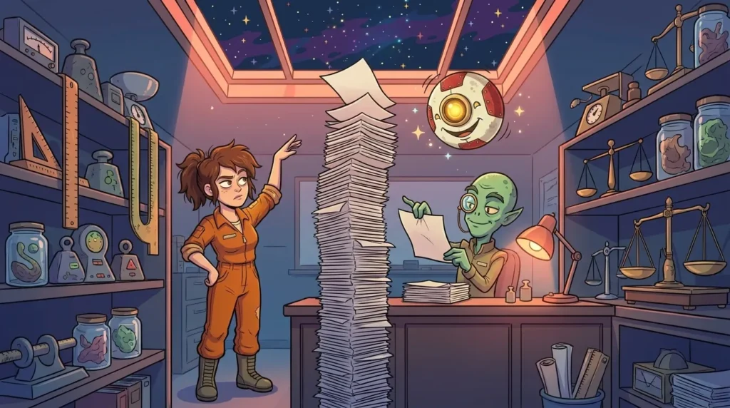 An alien archivist from Staterion’s Office of Weights and Measures folds a very thin sheet of paper, with a stack of folds rising toward the starry sky, in front of Liz and M00N