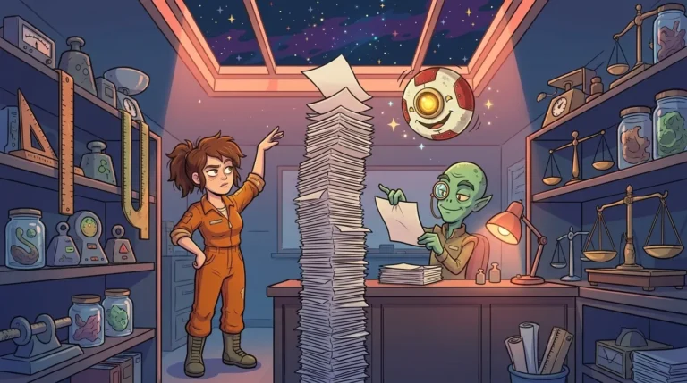 An alien archivist from Staterion’s Office of Weights and Measures folds a very thin sheet of paper, with a stack of folds rising toward the starry sky, in front of Liz and M00N