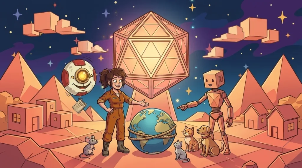 On Polygon, an alien guide shows a globe of Earth with a rope along the equator, next to a mouse, a cat, and a dog, while Liz defends Earth