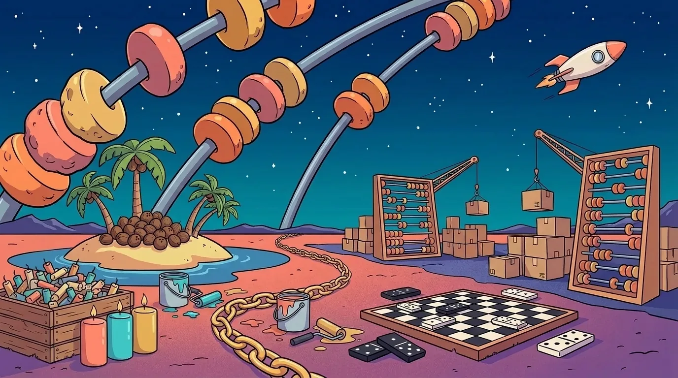 Abakos landscape: rods of gigantic abacuses with beads as big as asteroids crossing the sky, abacus-shaped cranes and cardboard boxes, a small island with coconuts, a gold chain, a chessboard with dominoes, a crate of candle stubs with three new candles, and paint buckets with rollers