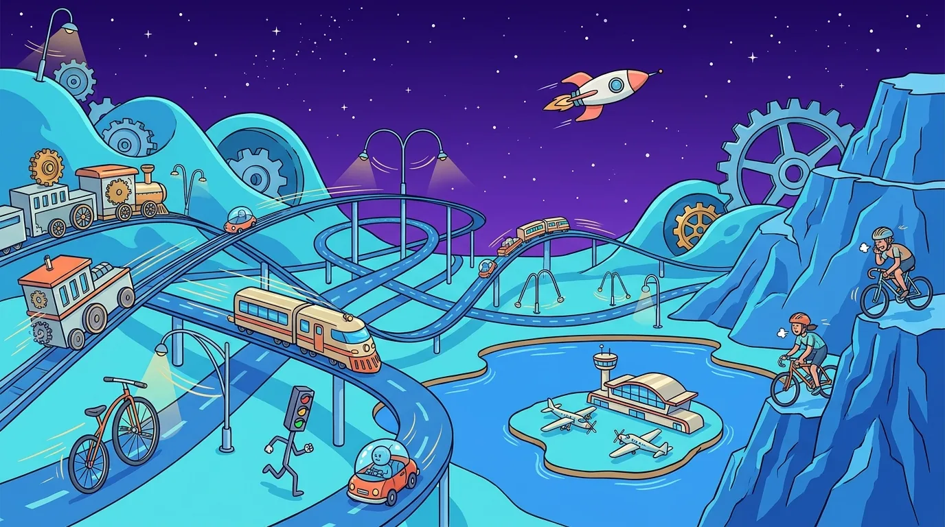 Dynamos landscape: trains, cars, and bicycles racing along elevated roads and tracks, swinging streetlights, a jogging traffic light, gears on the hills, a small island with an airport, and cyclists climbing a mountain