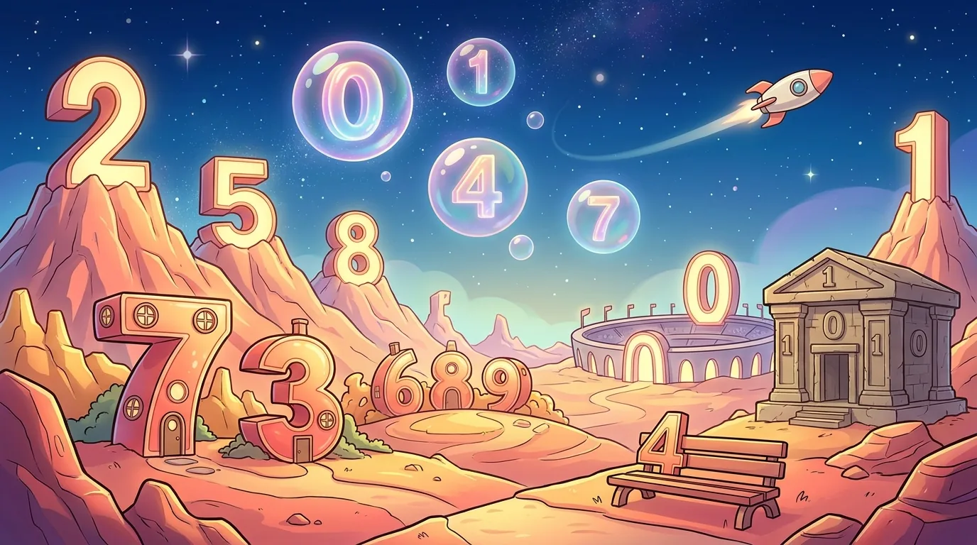 Numerion landscape: mountains topped with giant digits, digits floating in soap bubbles, number-shaped houses with doors and windows, a stadium, the Archive of Numbers, and a bench shaped like a 4