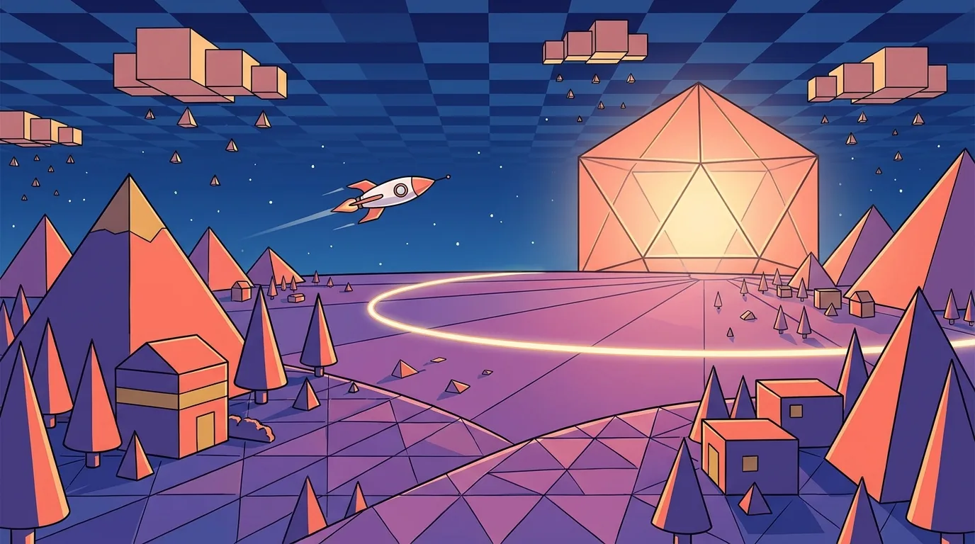Polygon landscape: pyramid mountains, cone trees, box-shaped houses, cube clouds raining tiny tetrahedra, a large glowing icosahedron, and the equator, the planet’s only circle, laid out like a monument