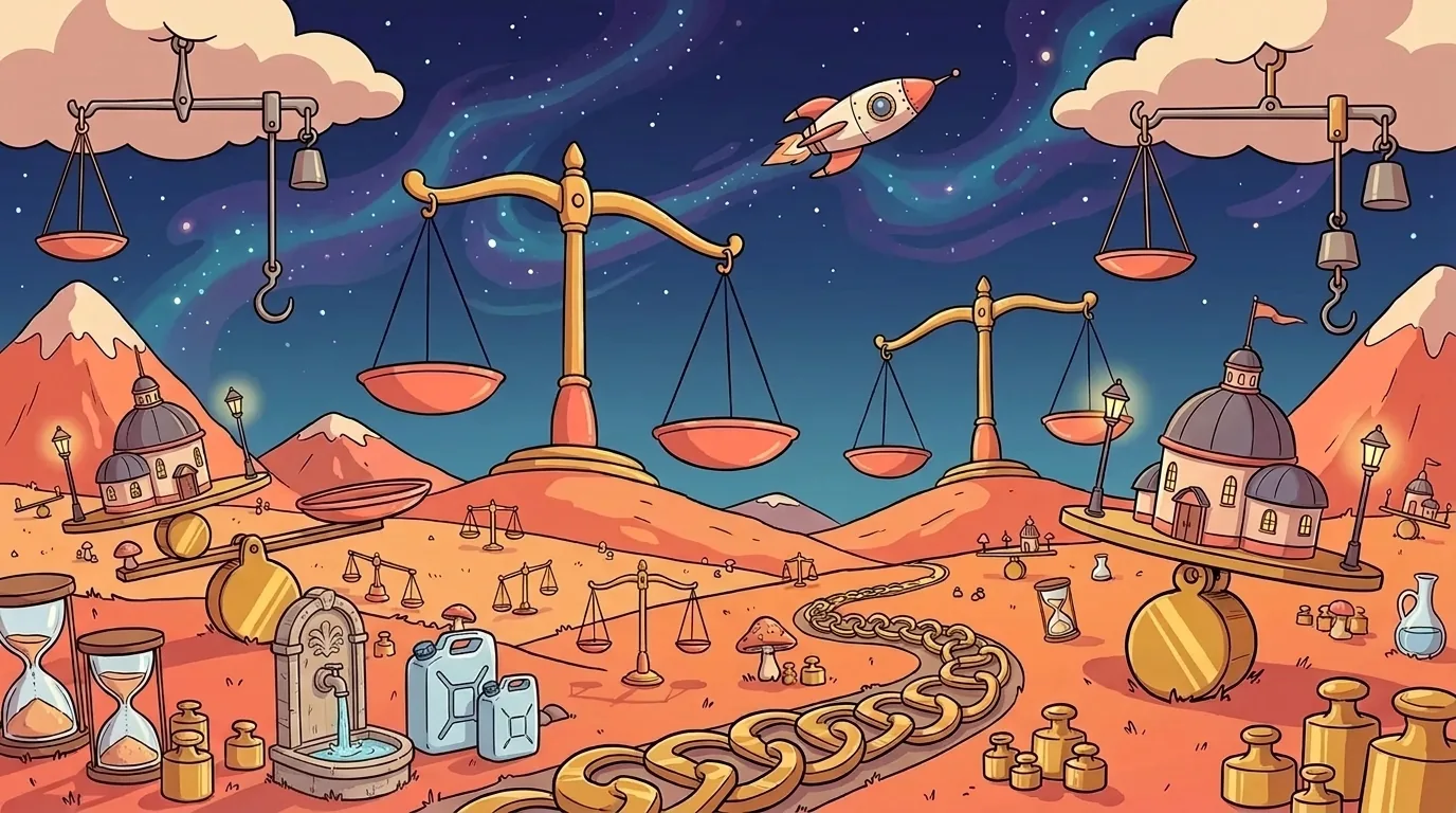 Staterion landscape: balance scales as big as hills, steelyards hanging from the clouds, houses balanced on counterweights, hourglasses, pitchers, a public fountain with two jugs of different sizes, and weights scattered over orange ground, with Kinesys flying through the starry sky